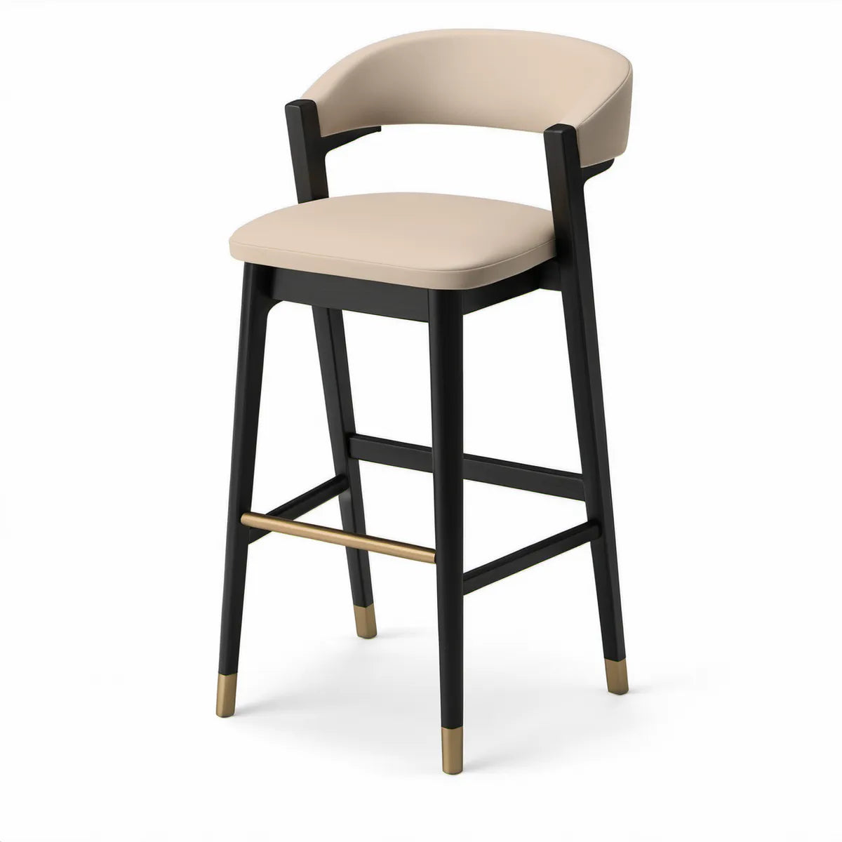 Barhocker mit Rückenlehne und Armlehnen, 52 x 54 x 102 cm, PU-Kunstleder und Massivholz, Beige/Schwarz/Gold