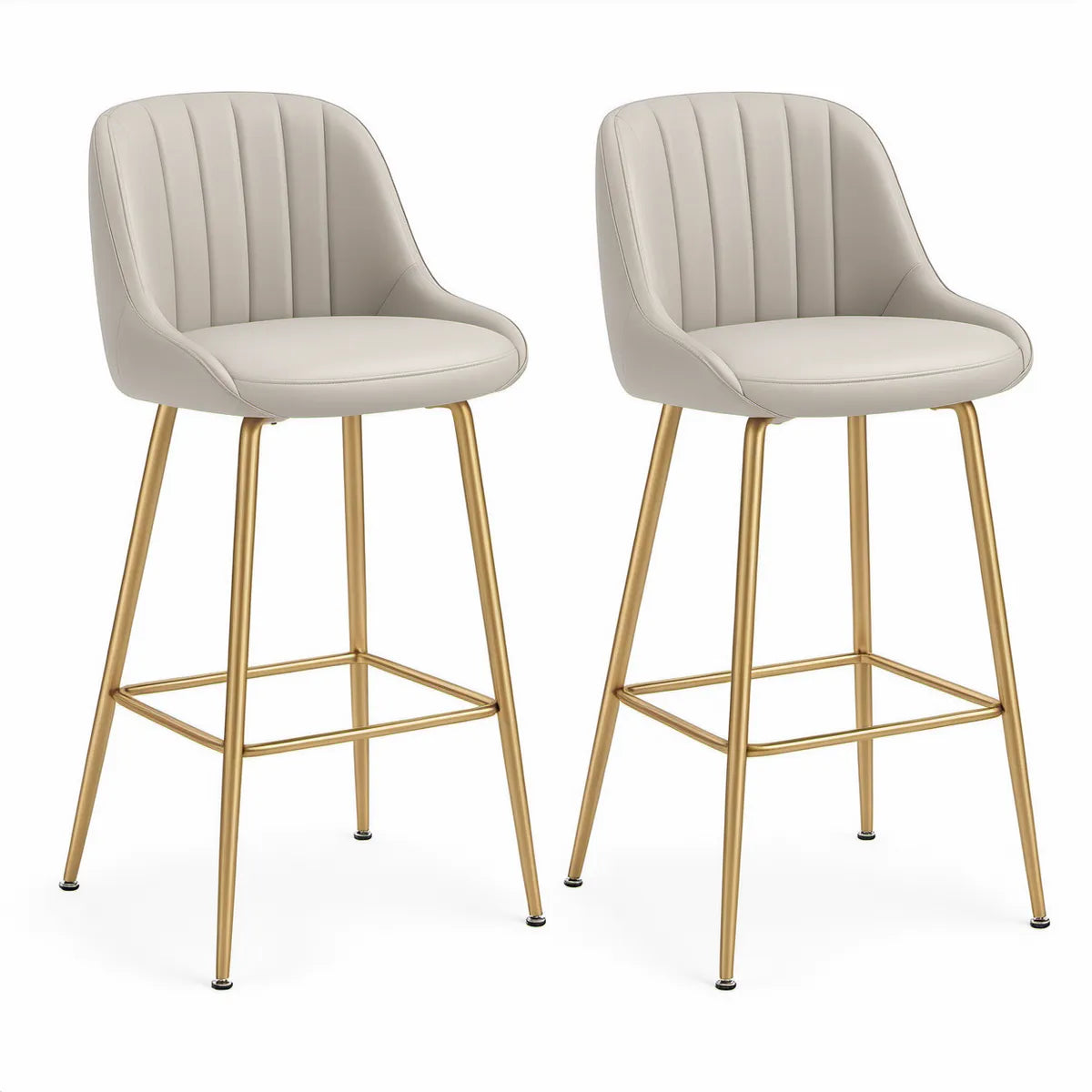 2er-Set Barhocker mit Rückenlehne, PU-Kunstleder Creme und Stahlgestell Gold, 47 x 53 x 98 cm