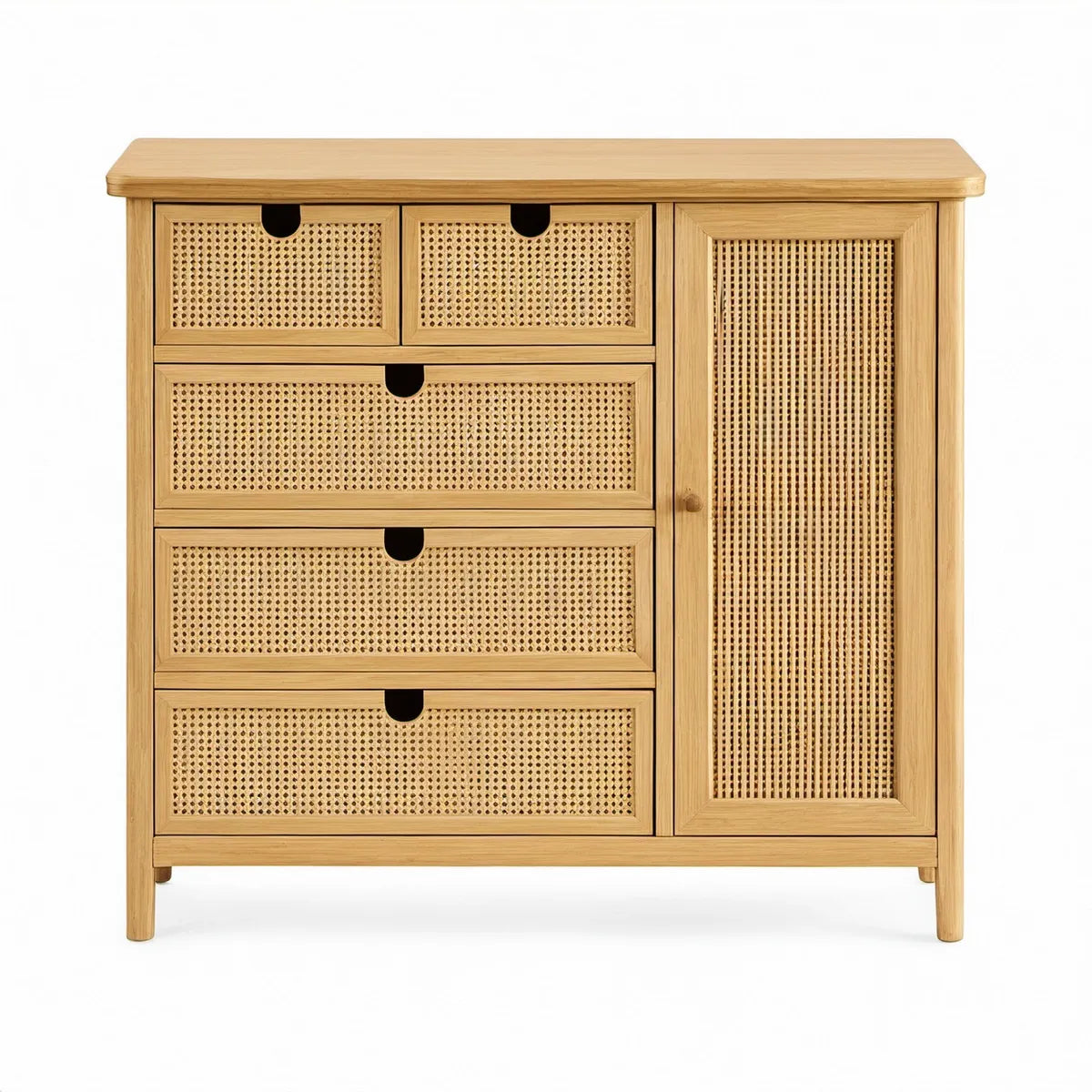 Kommode aus Eichenmassivholz und Natur-Rattan, 120 x 40 x 110 cm, Natur