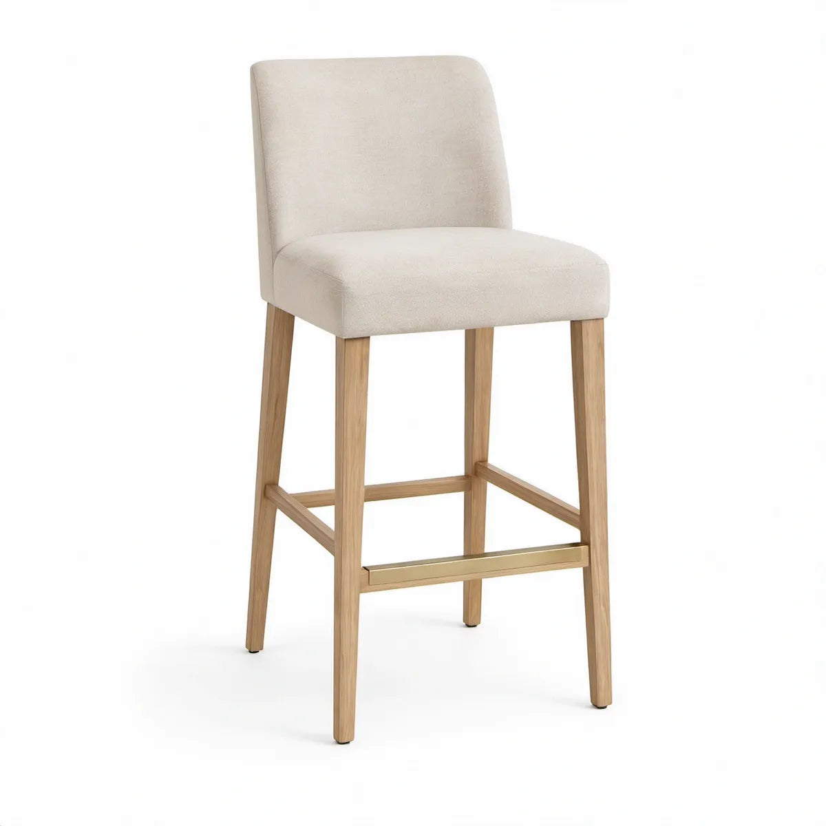 Barhocker mit Rückenlehne, Polyesterbezug und Eichenholzgestell, Beige/Naturholz/Messing, 47 x 53 x 102 cm, Sitzhöhe 76 cm