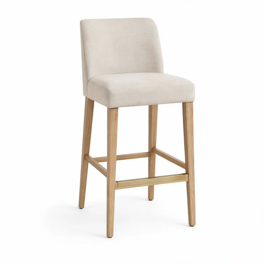Barhocker mit Rückenlehne, Polyesterbezug und Eichenholzgestell, Beige/Naturholz/Messing, 47 x 53 x 102 cm, Sitzhöhe 76 cm