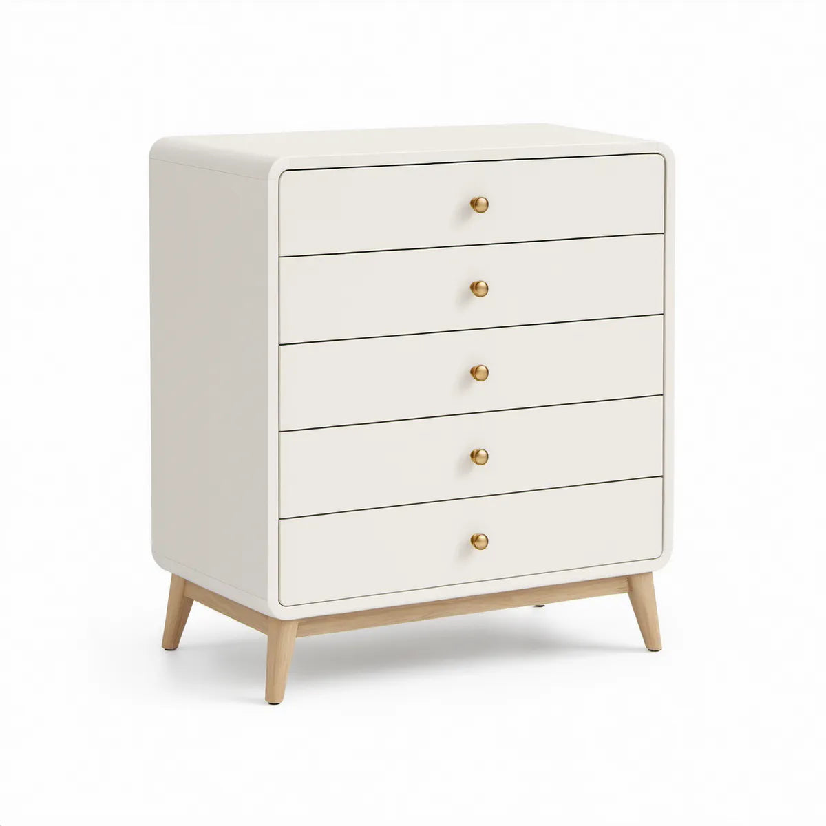 Weisse MDF-Kommode mit 5 Schubladen, Buchenholzbeinen und goldfarbenen Griffen, 80 x 40 x 110 cm