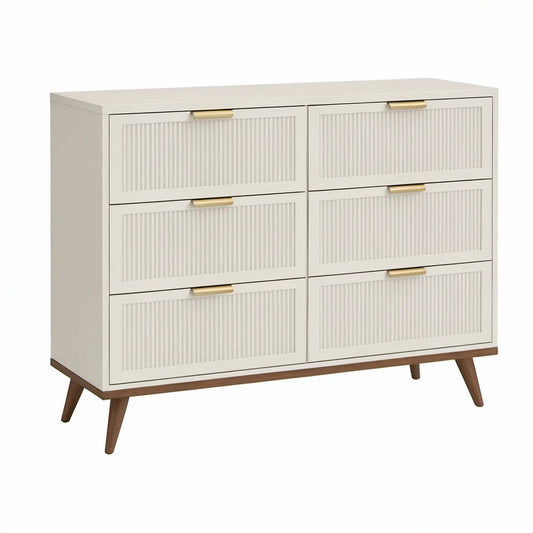 Kommode mit 6 Schubladen aus MDF und Kautschukholz, Creme/Braun/Gold, 120 x 40 x 80 cm