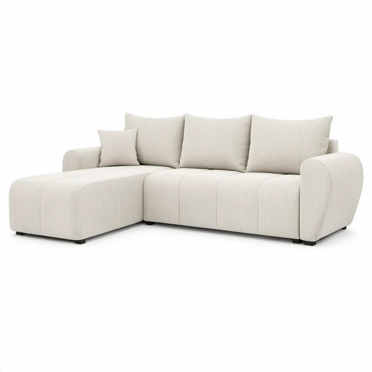 L-förmige Sitzlandschaft mit linksseitiger Recamiere, 260 × 160 cm, Cord-Polyester, Cremeweiss