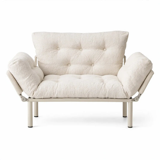 Klappsessel mit Schlaffunktion, 115 x 90 x 87 cm, Polyester-Teddybezug, Cremeweiss
