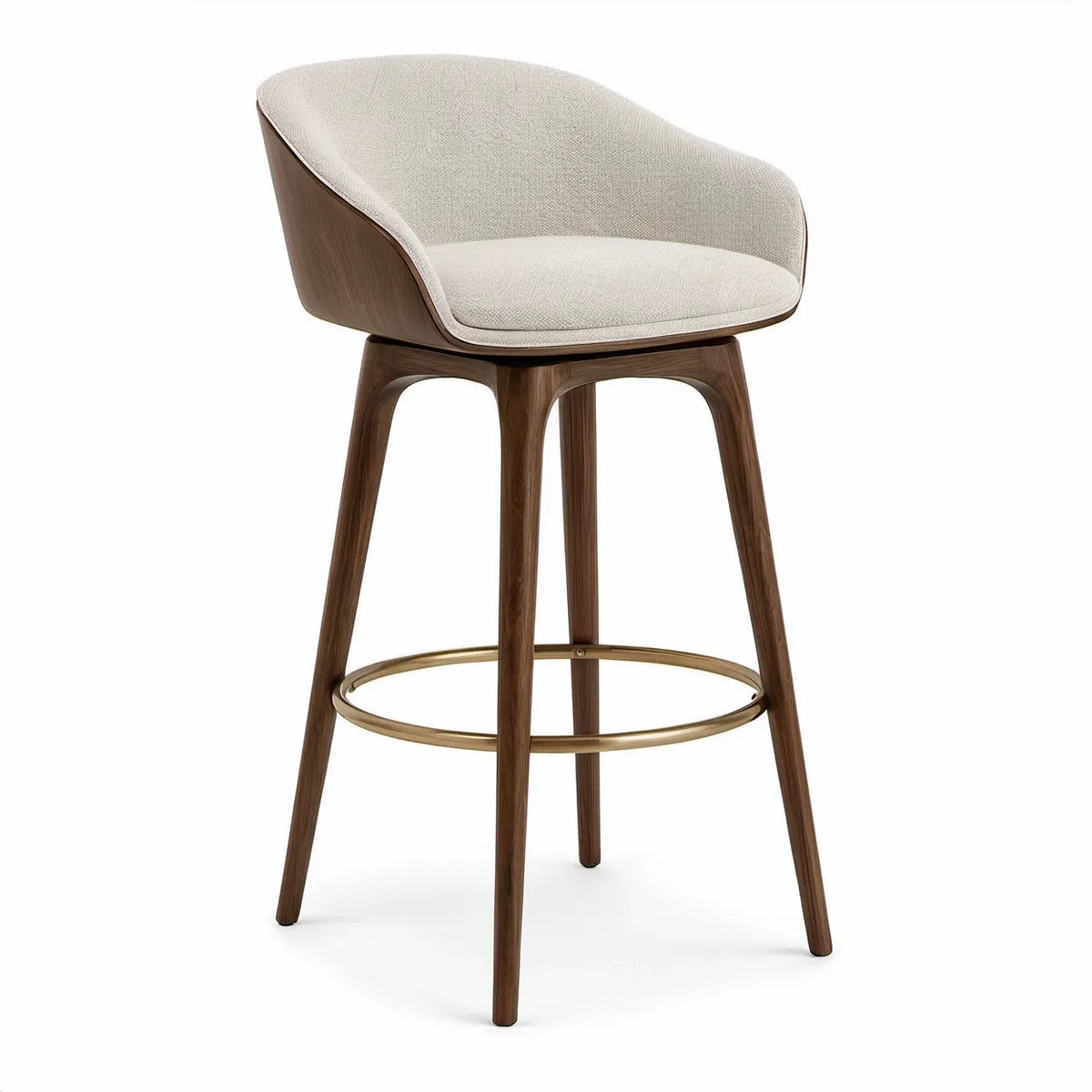 Barhocker mit Rückenlehne, 55 × 53 × 102 cm, Creme, Nussbraun und Messingfarben