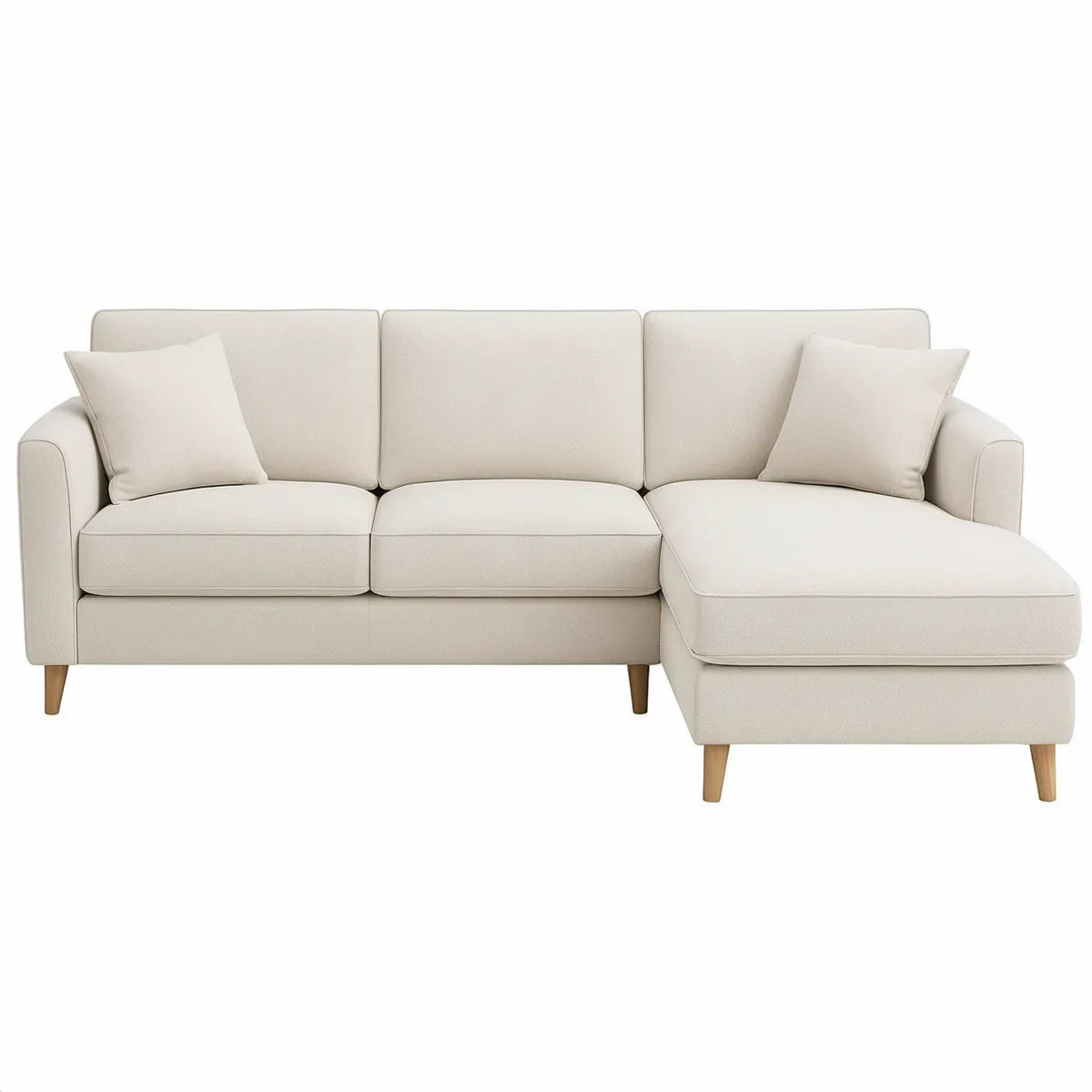 Ecksofa L-Form mit rechter Recamiere, 230 x 150 x 85 cm, Creme/Naturholz