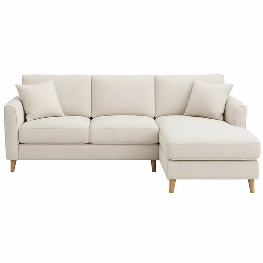 Ecksofa L-Form mit rechter Recamiere, 230 x 150 x 85 cm, Creme/Naturholz