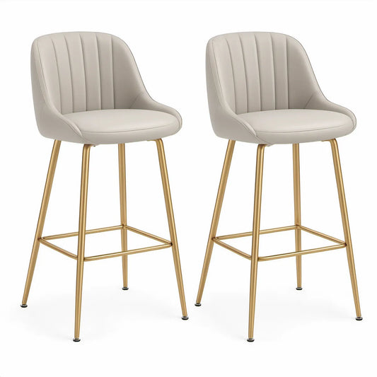2er-Set Barhocker mit Rückenlehne, PU-Kunstleder Creme und Stahlgestell Gold, 47 x 53 x 98 cm